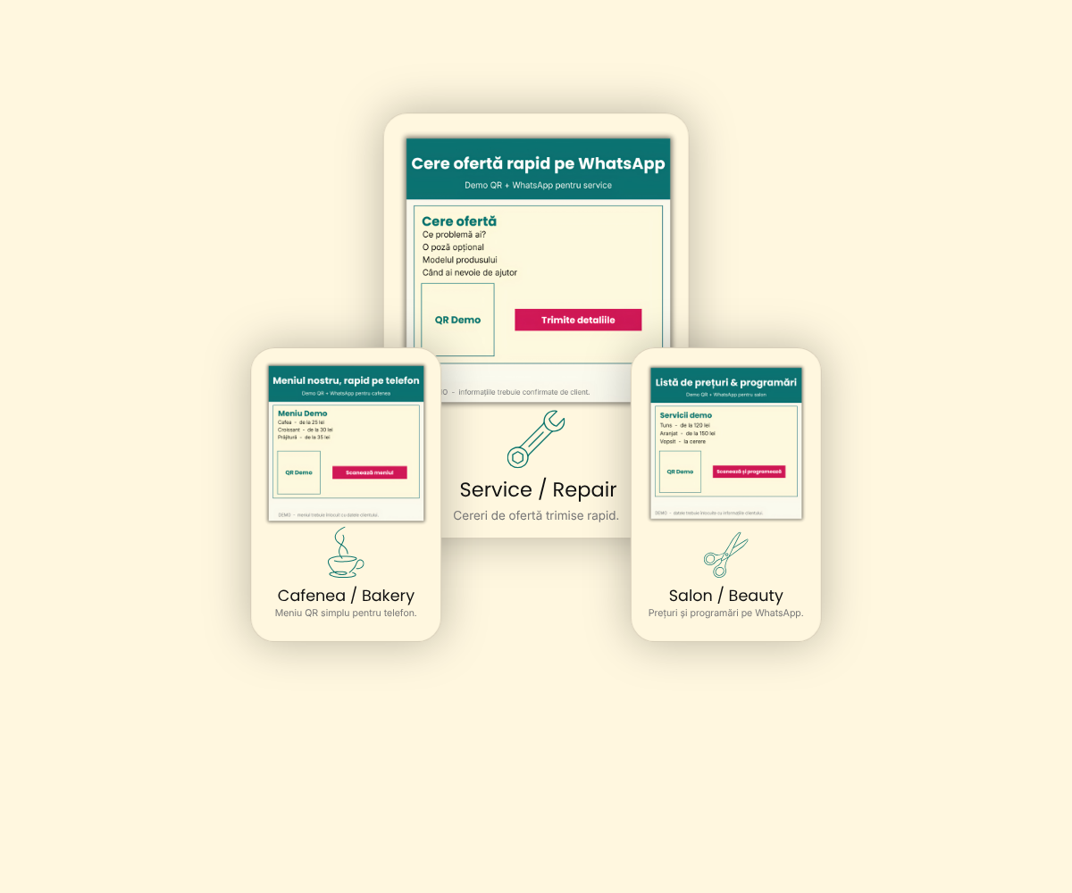 Exemple materiale QR + WhatsApp pentru afaceri locale